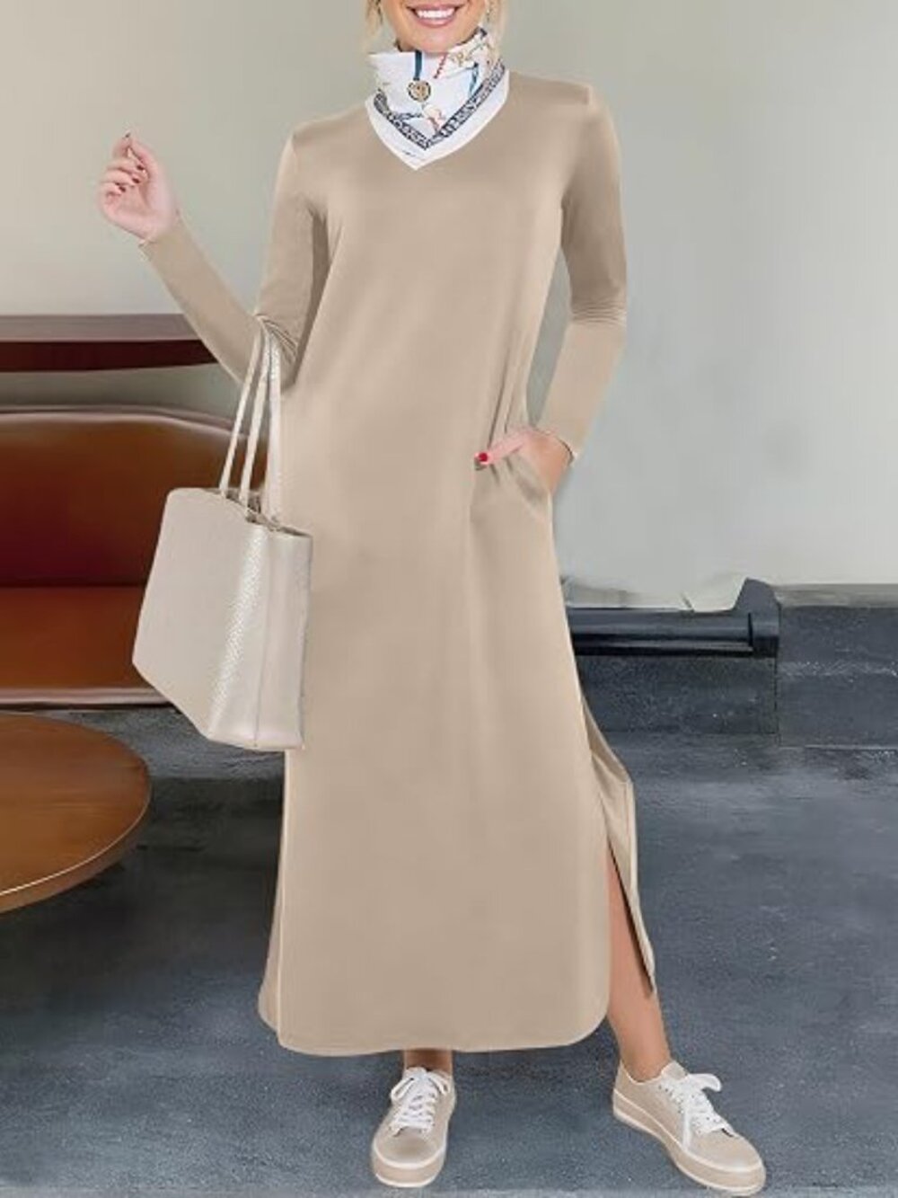 ANRABESS Women Long Sleeve Fall Maxi Dresses with Pockets Wrinkle Free - Picture 4 of 6
